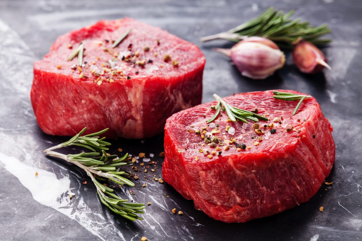 beef steaks on grey background