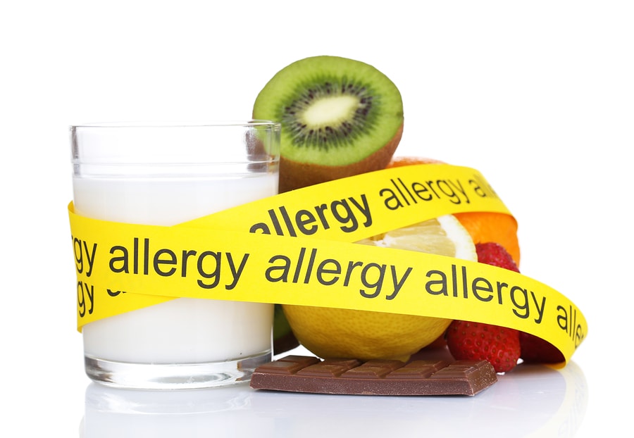 allergenic food attached with yellow tape saying "allergy"