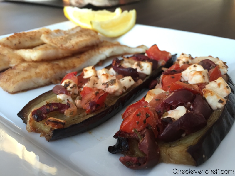 Eggplant Crust Mediterranean Style Pizza | www.onecleverchef.com | tomato, onion, kalamata olives, feta cheese, lemon juice, oregano, eggplant, olive oil. yum!