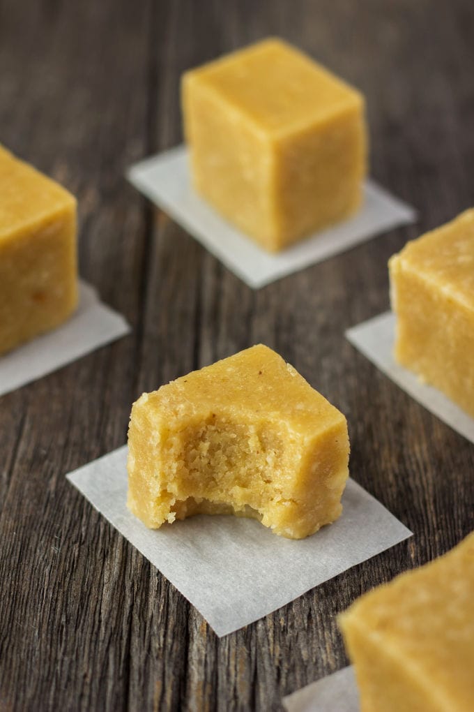 This protein-packed, extra smooth and super tasty vegan vanilla fudge recipe is made with only 4 ingredients. Ready under 5 minutes and no-bake, these tiny little protein bars are chewy, fudgy and tastier that anything you will find at the store. Perfect either as a post-workout lunch, quick snack or dessert, they are also entirely refined sugar-free, egg-free, flourless, paleo, dairy-free and gluten-free!