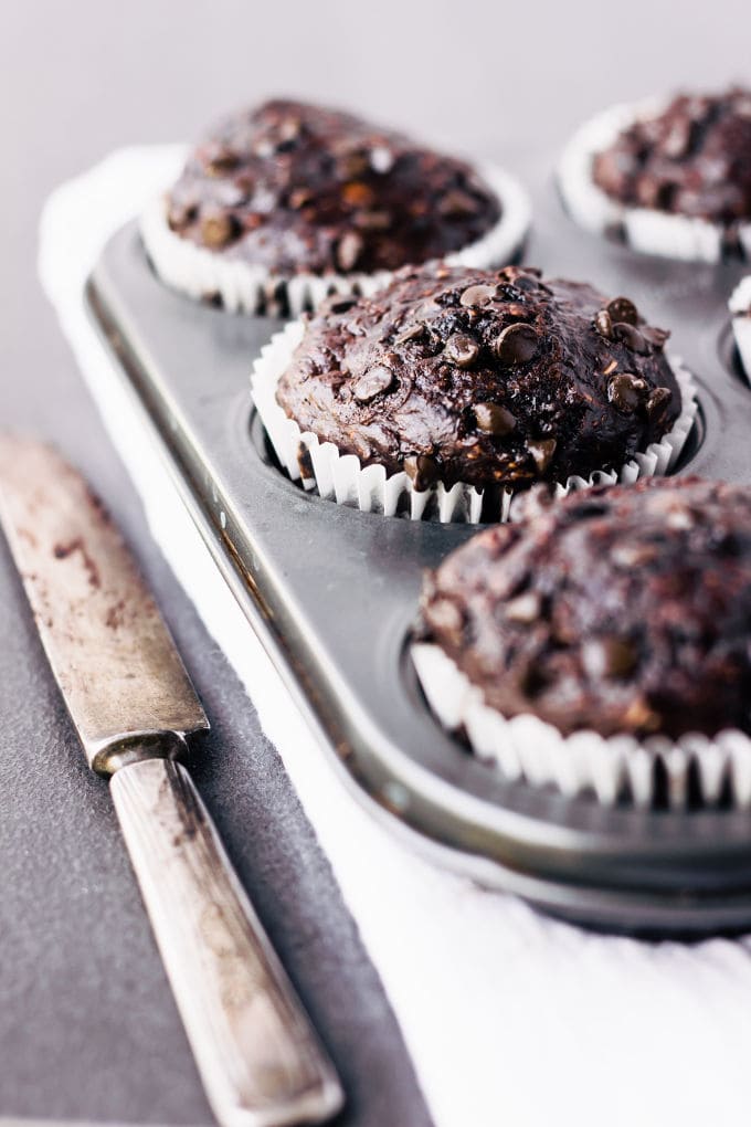 These delicious chocolate protein muffins are the perfect way to reward yourself after a hard workout. Super moist and cakey, these healthy chocolate protein snacks are naturally sweetened with banana and maple syrup. Gluten-free, vegan, dairy-free, egg-free, flourless, kid-friendly and refined sugar-free. | www.onecleverchef.com