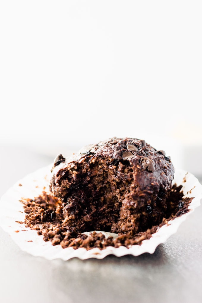 These delicious chocolate protein muffins are the perfect way to reward yourself after a hard workout. Super moist and cakey, these healthy chocolate protein snacks are naturally sweetened with banana and maple syrup. Gluten-free, vegan, dairy-free, egg-free, flourless, kid-friendly and refined sugar-free. | www.onecleverchef.com