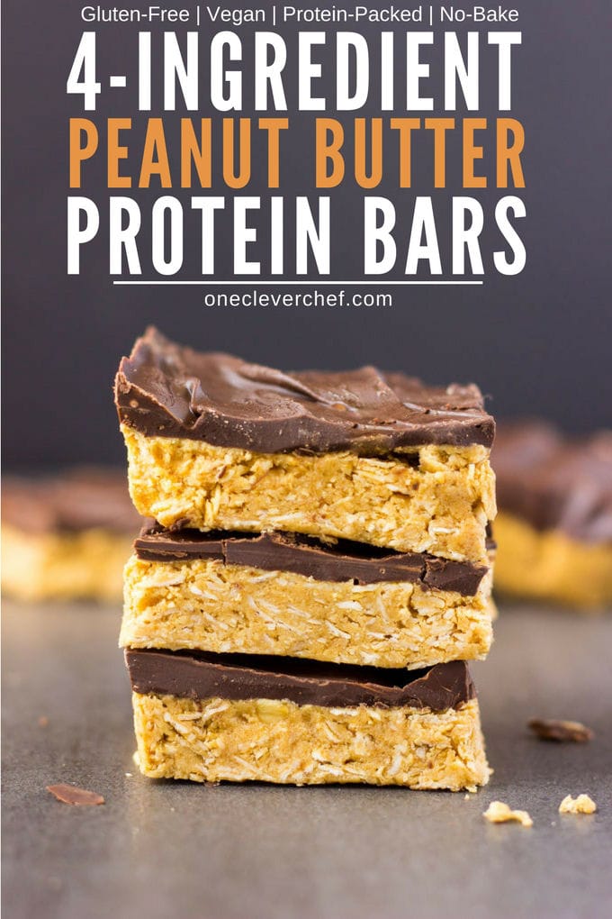 These 4-ingredient peanut butter & oatmeal bars are healthy, no-bake, and protein-packed. These delicious, clean eating Reese flavored protein bars are the perfect post-workout treat. Quick and easy to make, it only takes one bowl and a few minutes of your time to whip those up. Rolled oats are used for the base of this flourless recipe, which is also vegan, dairy-free, gluten-free and... guilt-free! | www.onecleverchef.com