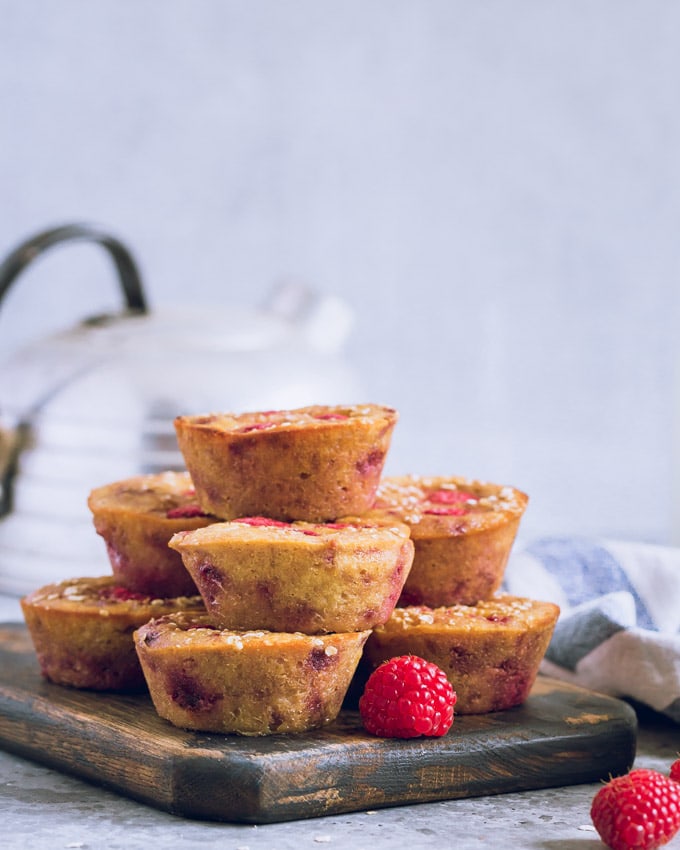 Lemon raspberry muffins on a cutting board