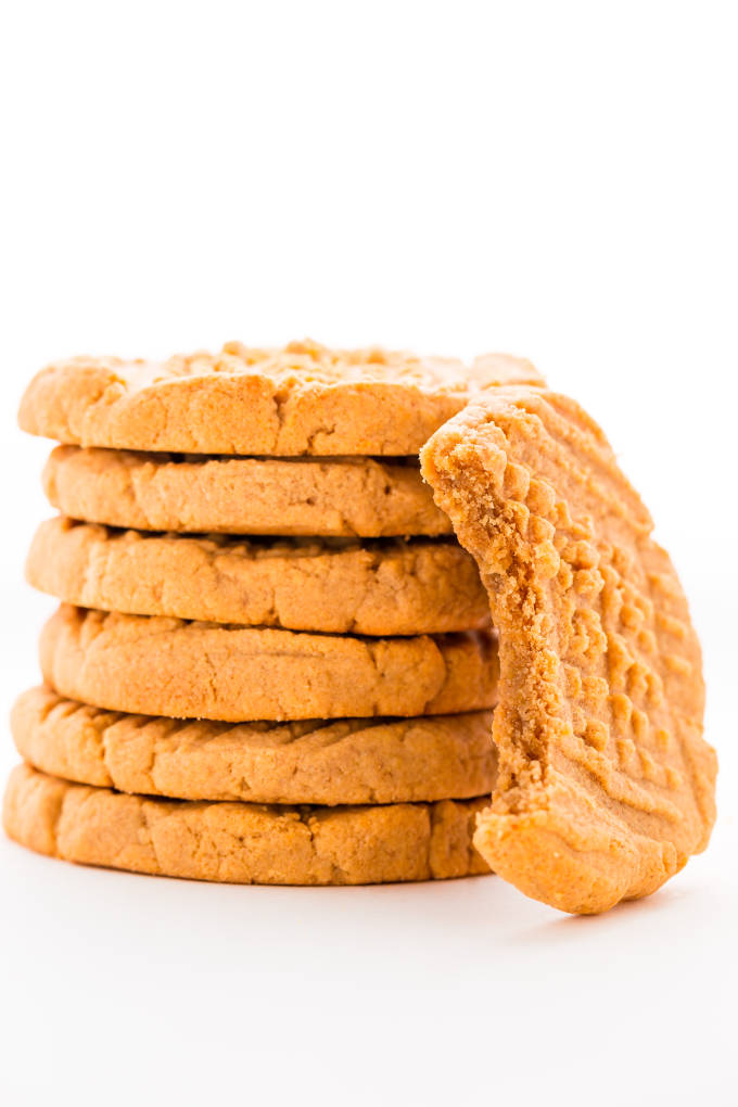 Peanut butter protein cookies stacked.