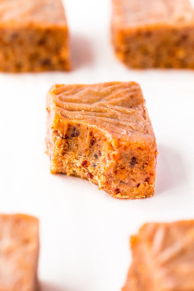 Close-up of a peanut butter fudge, a bite has been taken from it.