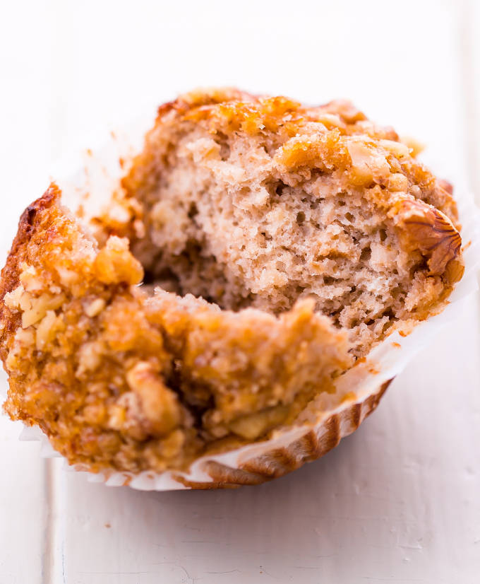 Banana protein muffin cut in half.