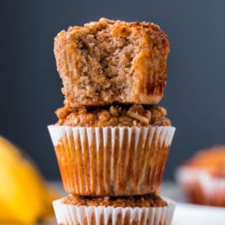 3 banana muffins on top of each other.