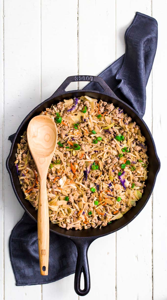 Egg roll in a bowl in cast iron pan