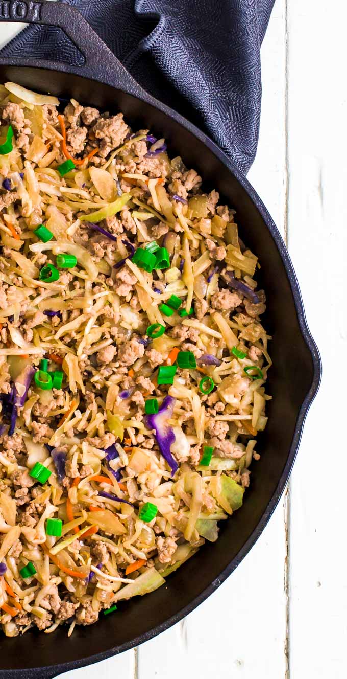 Egg roll in a bowl in cast iron pan