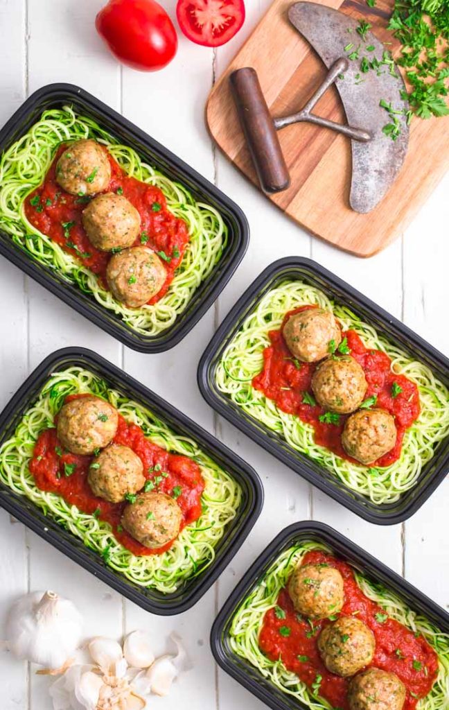 Whole30 turkey meatballs on zucchini noodles and marinara sauce.