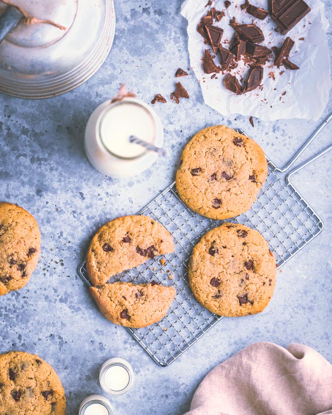 Chocolate Chip Protein Cookies on a cooling rack