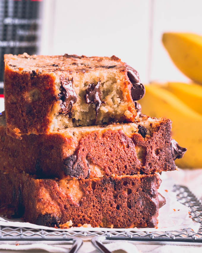 3 slices of protein banana bread stacked