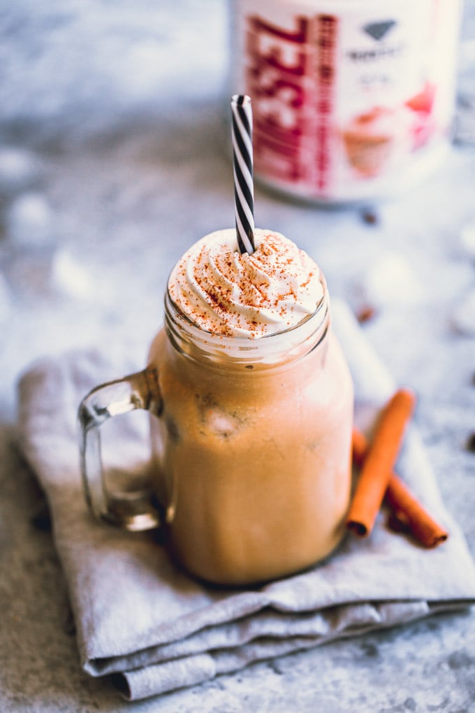 Cold Pumpkin Spice Protein Latte in a mug