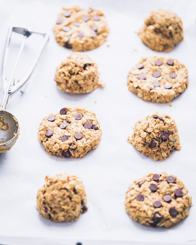 3-ingredient breakfast cookies uncooked on a baking sheet