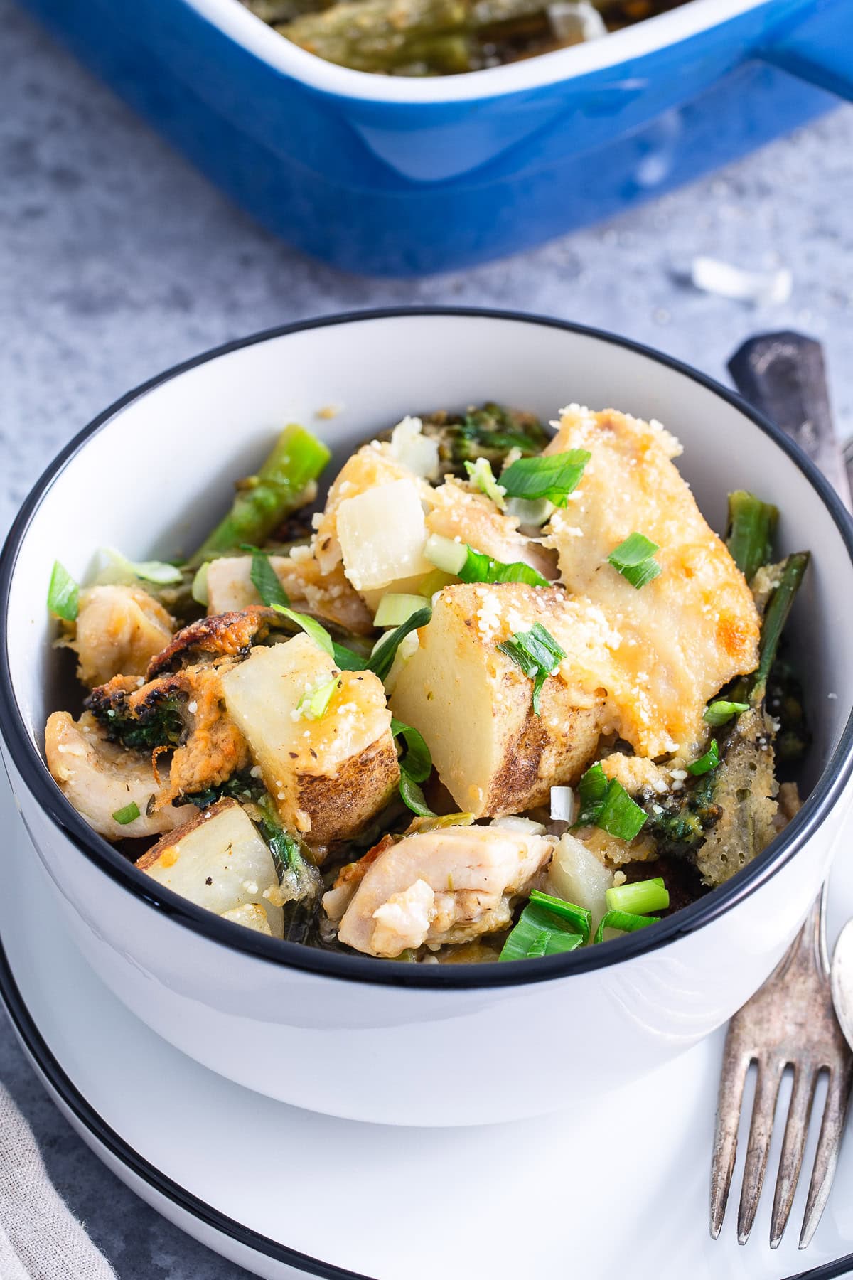 Chicken Broccoli Potato Casserole in a white bowl