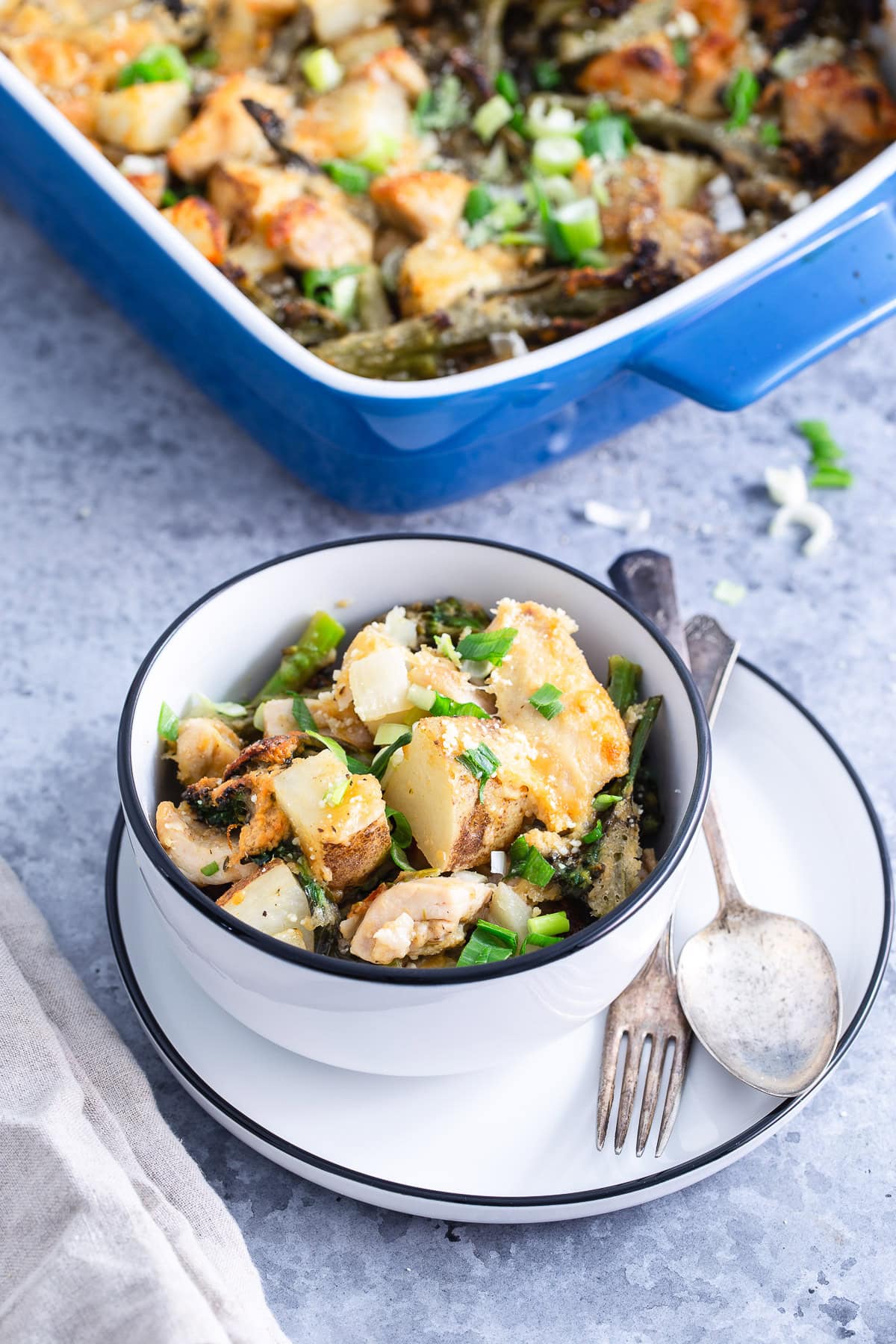 Chicken Broccoli Potato Casserole in a white bowl