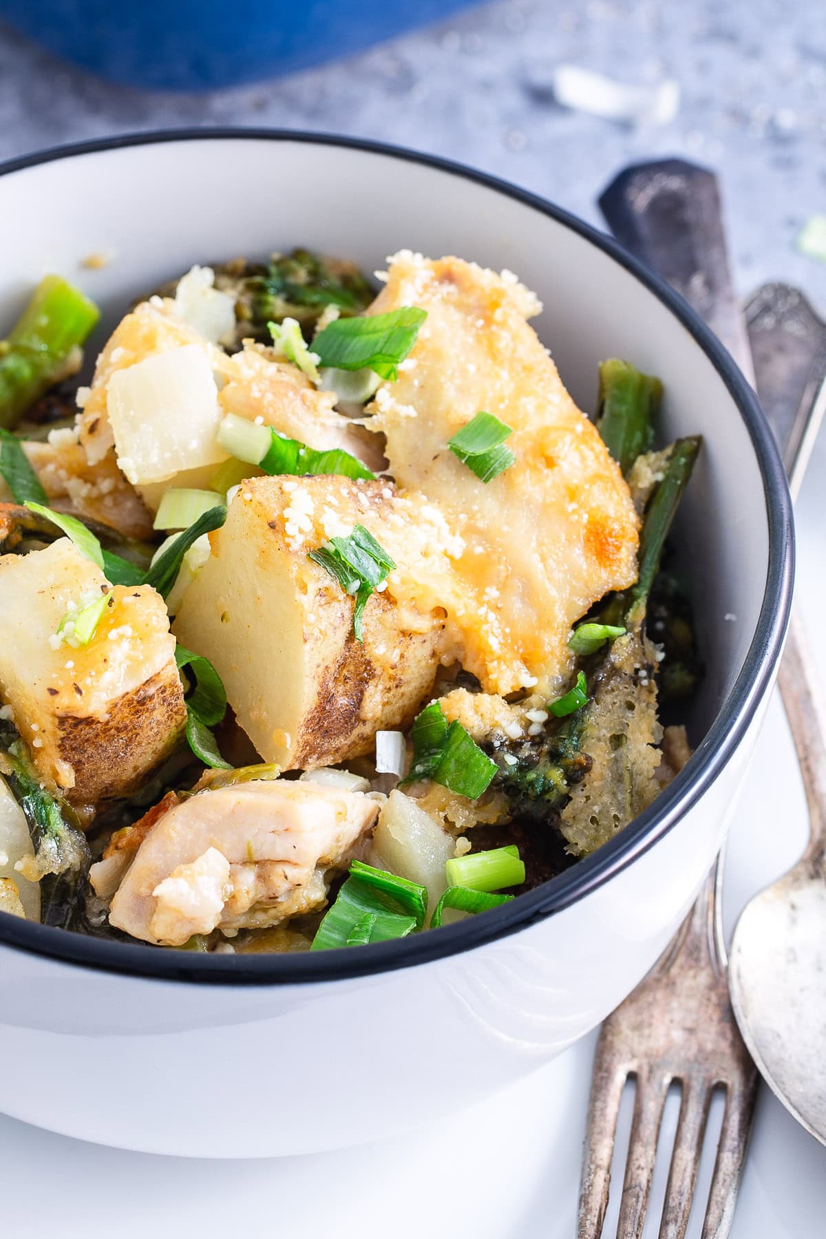 Chicken Broccoli Potato Casserole in a white bowl