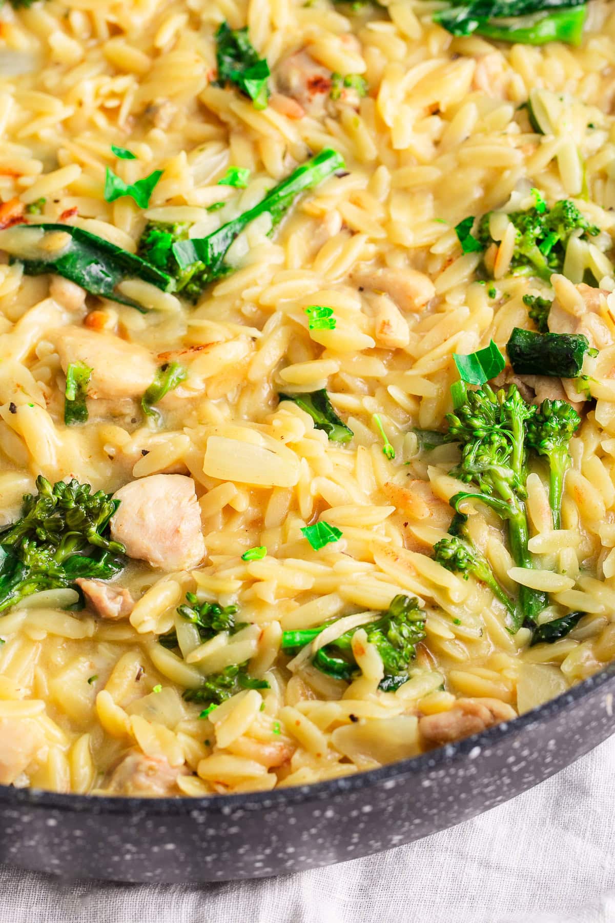 Chicken Broccoli Orzo Casserole in the pan