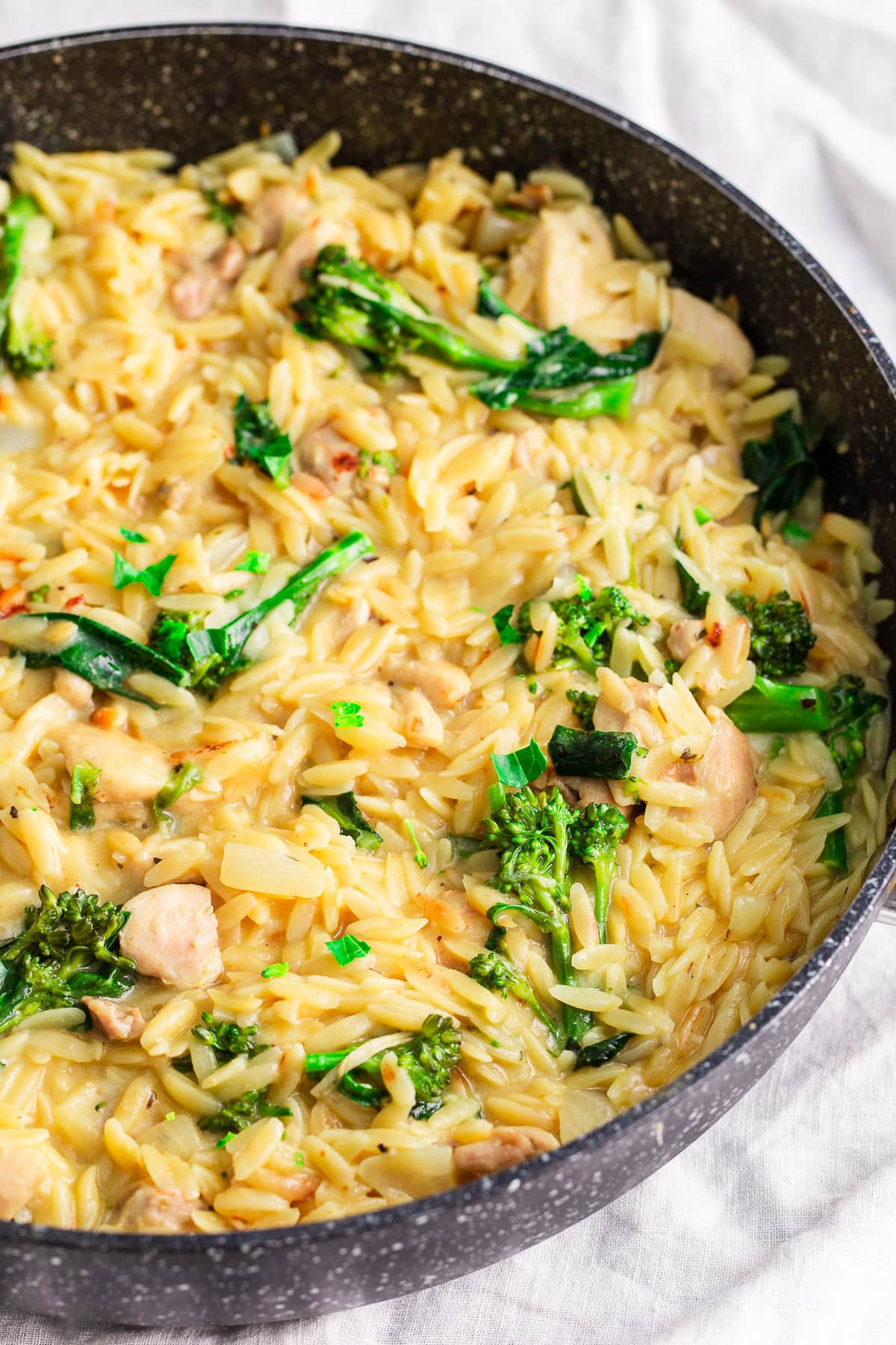 Chicken Broccoli Orzo Casserole in the pan