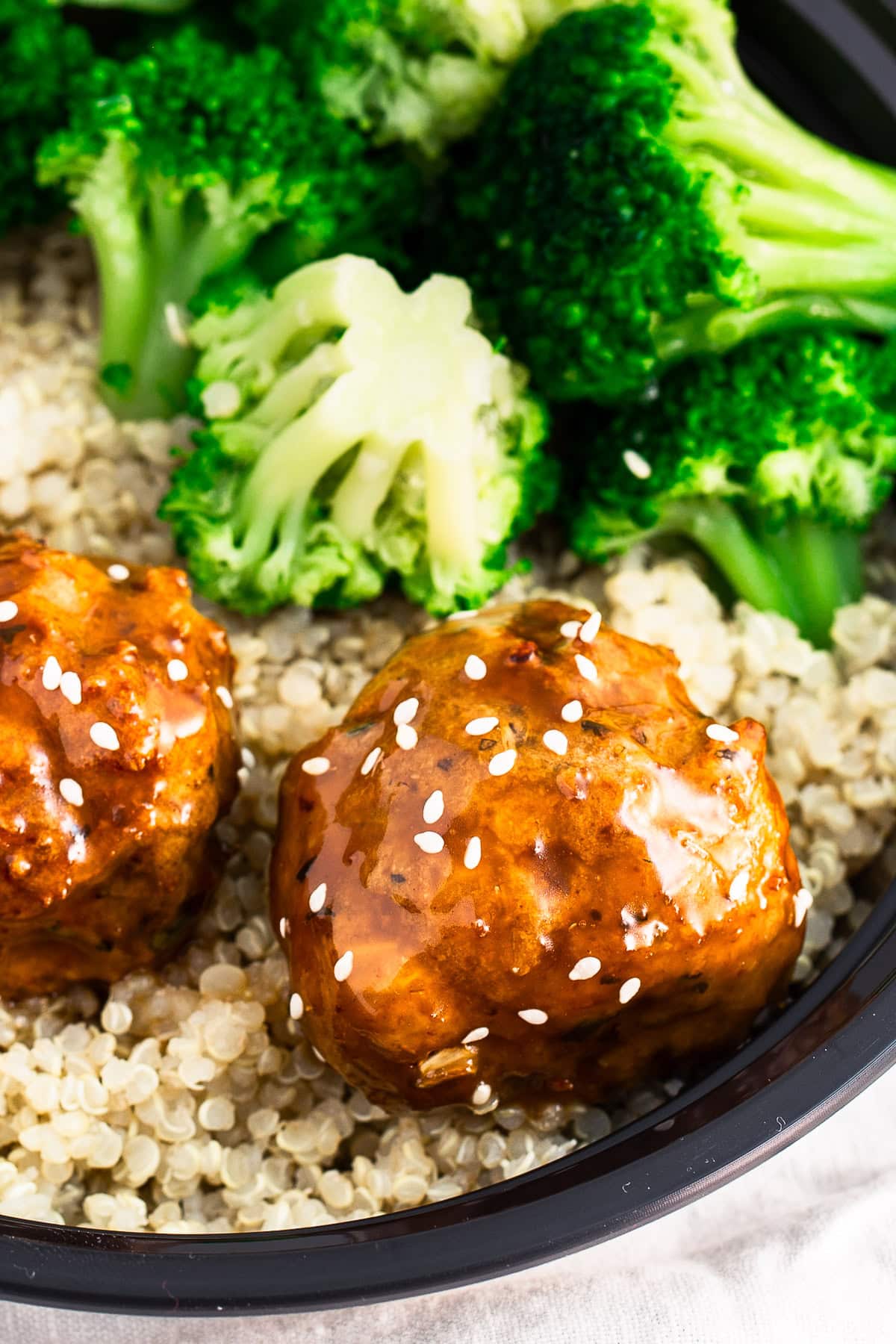 Honey Garlic Chicken Meatballs in a meal prep bowl