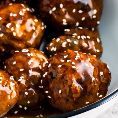 Honey Garlic Chicken Meatballs in a white bowl